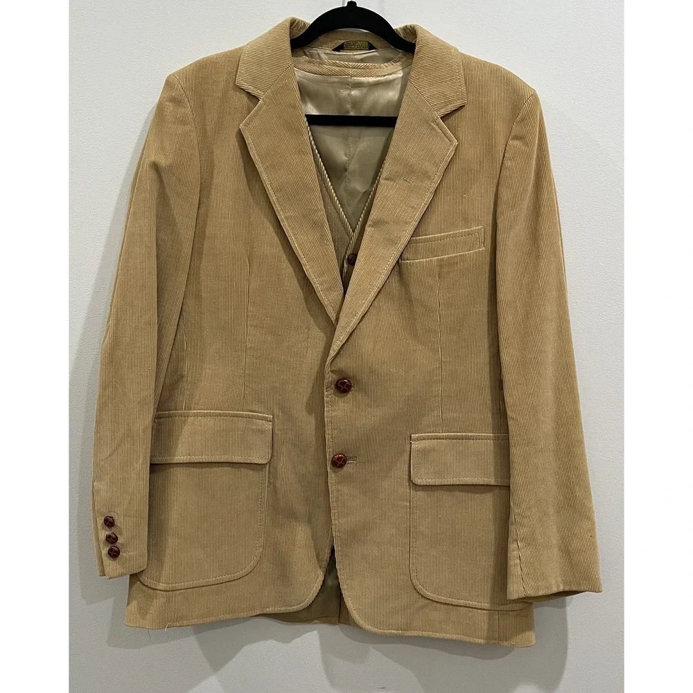 1970s Vintage Corduroy Blazer Vest Set 40R Tan  Preppy  Sport Coat Retro Classic